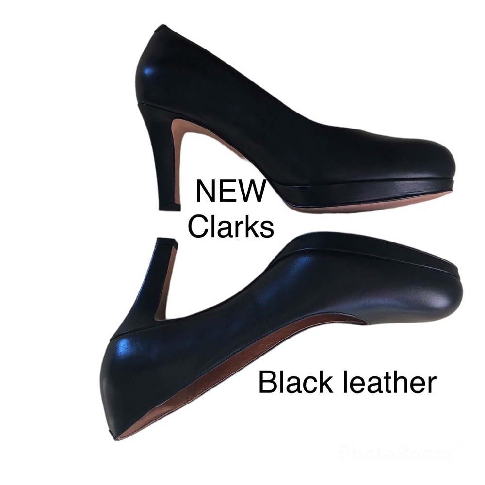 NEW size 9.5 Clarks platform pumps black leather 3.25” heel.Stunning,comfortable